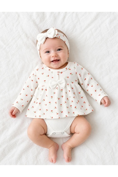 MiniKids Set body stil fustita + bentita, ciresele, alb-rosu