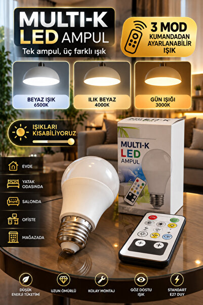 kialed Kumandalı 3 Modlu LED Ampul E27 Dimmerli 6500K 4000K 3000K Beyaz Ilık ...