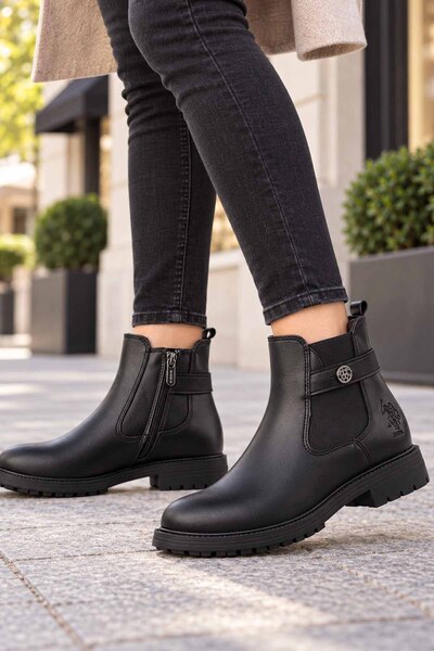 U.S. Polo Assn. Women's Black Chelsea Boots with Zipper and Rubber Detail, Ca...
