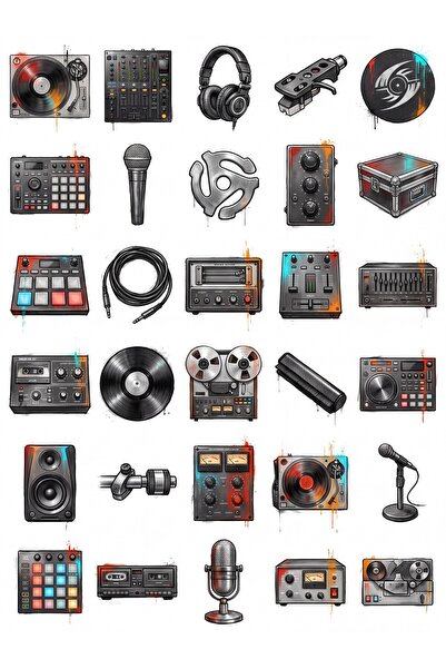dekorif 30 Adet Retro Hip-Hop DJ Sticker Seti - Laptop, Kaykay ve Kılıf İçin