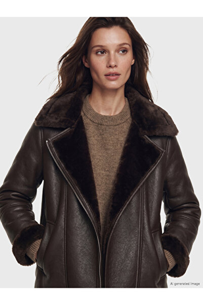 LC Waikiki Fur Collar Women's Leather Look Coat