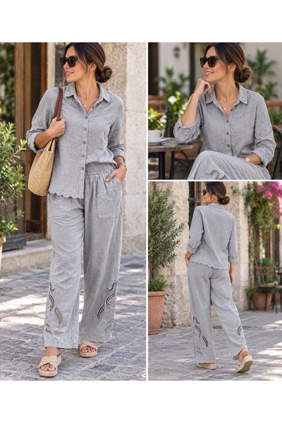MENSAR OTANTİK Women's Embossed Shirt and Laser-Cut Trousers Set