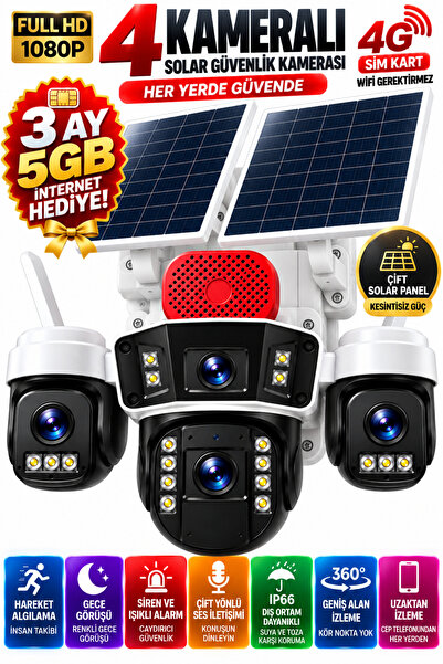 Visenox 4 Kameralı 4G SIM Kartlı Solar Güvenlik Kamerası Çift Güneş Panelli P...