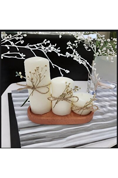 Pura Design 3'lü Kokulu Büyük Silindir Mum Ve Mumluk Organizer Seti (14 X 9 X 4 Cm. ) - Krem-kahve