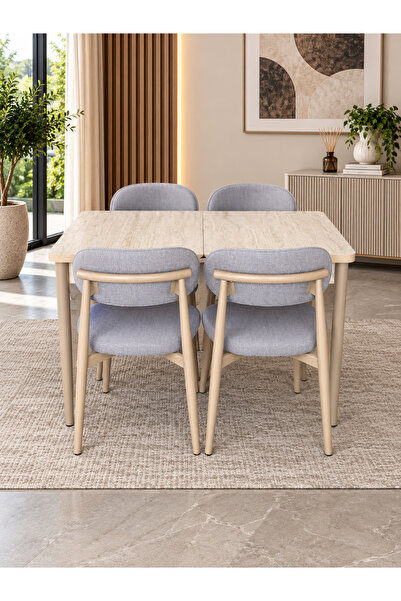 DEREN HOME Calvin Serisi 80x130 Açılabilir Traverten Masa +4 Adet Metal İskel...