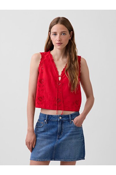 GAP Kadın Kırmızı Keten Karışımlı İşlemeli Crop Shell Askılı Bluz