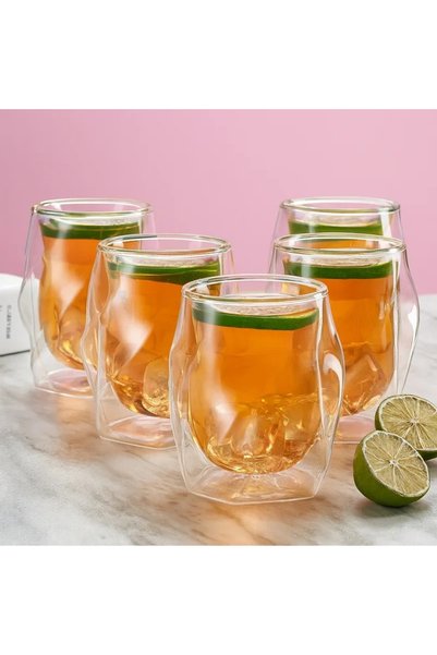 OEM Set de 6 pahare cu perete dublu, cu design răsucit, 200 ml, din sticlă te...