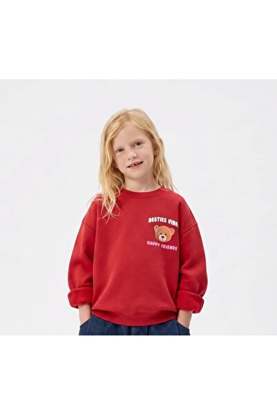 Besties Vibes Ayıcıklı Kırmızı Oversize Sweatshirt