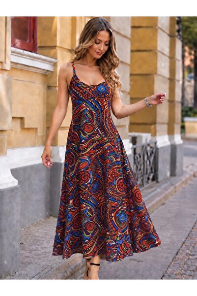 MERİDE Strappy V-Neck Patterned Long Single Jersey Dress - 55290-2Xl/3Xl