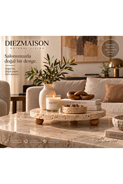Diez DIEZMAISON Doğal Traverten Ahşap Ayaklı Yuvarlak Sunumluk organizer 28 cm