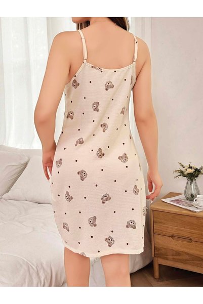 ESPERE Ecru Cute Teddy Bear Patterned Combed Cotton Mini Nightgown