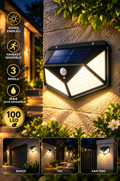 House Bird Solar 100 LED Hareket Sensörlü Güneş Enerjili 3 Modlu IP64 Bahçe D...