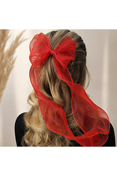 ESES BEBE Women's and Girls' Long Tulle Organza Large Bow Clip Ribbon Hair Clip