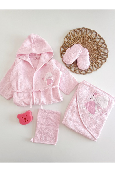 Genel Markalar Ballerina 5 Parça Pamuklu Kız Bebek Bornoz Set-PEMBE