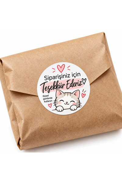 Avrupa Tedarik Siparişiniz İçin Teşekkür Ederiz Sticker - Etiket 4 cm 48 Adet Kedi Desenli Paketleme Teşekkür Etiketi