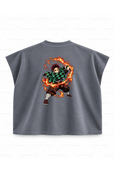 SVART WEAR تي شيرت Demon Slayer Tanjiro Kamado Ateş Dance مطبوع بدون أكمام - أنثراسايت
