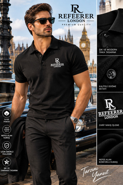 Genel Markalar REFEERER London Premium Kalite %100 Pamuklu Erkek Siyah Polo Y...