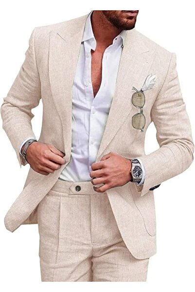 UNINUKOO Linen Suit for Men Summer Wedding 2 Piece Suit Set Peak Lapel Casual...