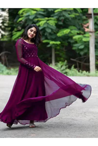 MYSMAR Deep Purple Faux Georgette Mirror Work Anarkali Gown - NJF8475 | Deep ...