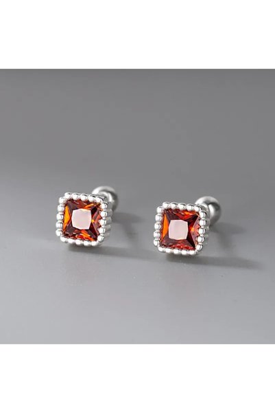 Peach Jewelry Σκουλαρίκια Ασημένια 925 Ρόδιο Τετράγωνα Κόκκινος Κρύσταλλος