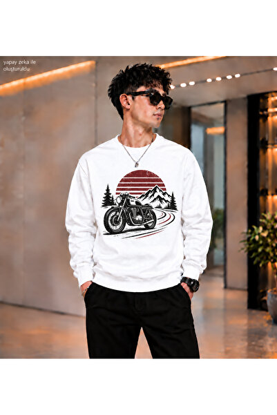 caddekombin Men's Retro Motorcycle and Mountain Themed Printed Crew Neck Casu...