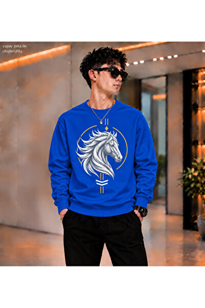 caddekombin Men's Black Horse Illustration Geometric Printed Crew Neck Casual...