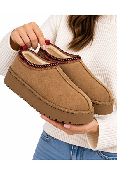 RoseVeno Women's Tan Embroidery Detailed Ankle Slippers Boots with Fur Inside...