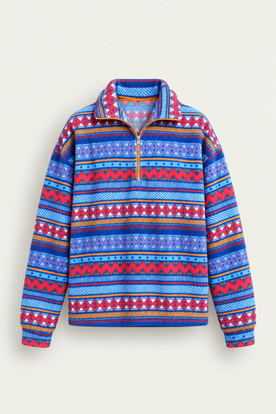 no7man Vorn - Blue - Ethnic Patterned - Zippered Collar - Fleece Men's Sweats...