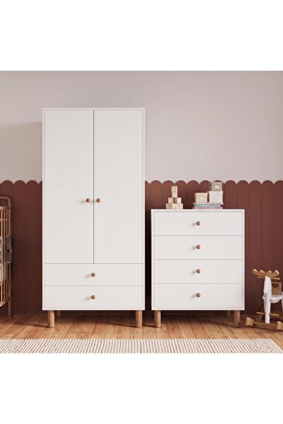 Bimossa TK2040 Bunny Beyaz 2 Kapaklı Gardırop ve 4 Çekmeceli Şifonyer, Yüksek...