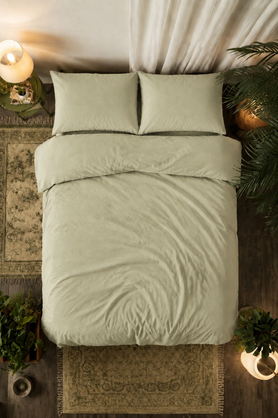 Karden Flower Plain Aura Olive Green 100% Cotton Poplin Double Duvet Cover Set