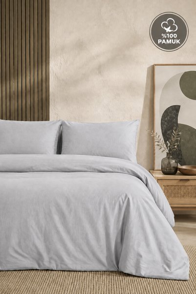Karden Flower Plain Aura Gray 100% Cotton Poplin Double Duvet Cover Set