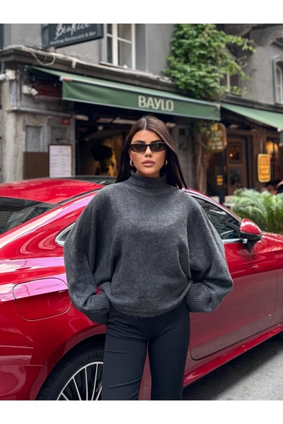 MODAMERSİ Women's Anthracite Turtleneck Oversize Bat Sleeve Sweater