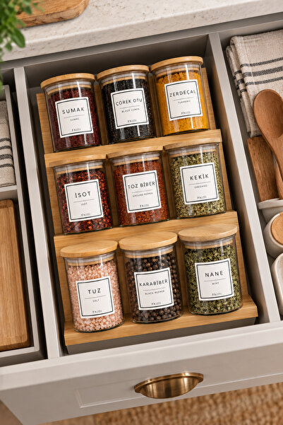 Fhilli Nivola – 9-Piece Borosilicate Spice Rack Set with Bamboo Lid and Drawe...