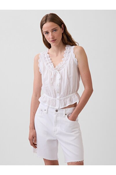 GAP Kadın Beyaz Eyelet Tie-Front Crop Peplum Bluz