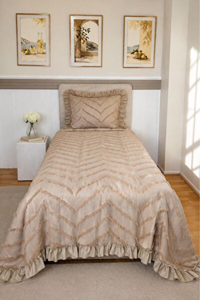 Çeyiz Diyarı Ruffle Sementina 2 Piece Single Pique Set Beige