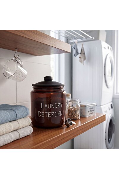 ARVALE Laundry Detergent Yazılı 900 ml Amber Cam Deterjan Kavanozu, Siyah Kap...