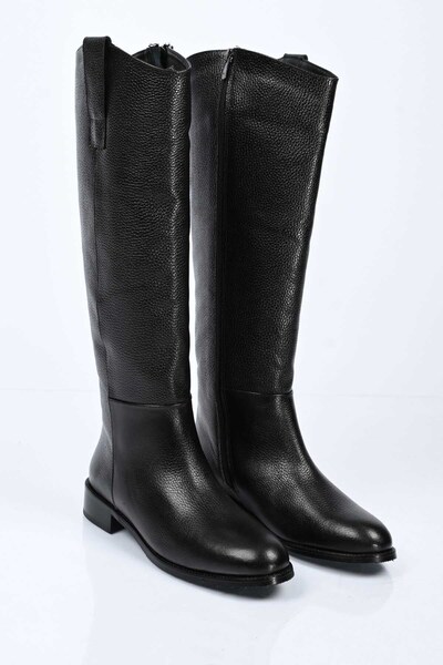 Bestello Laceless Zippered Genuine Leather Wide Heel Riding Boots 334-3952-05 Women's Boots