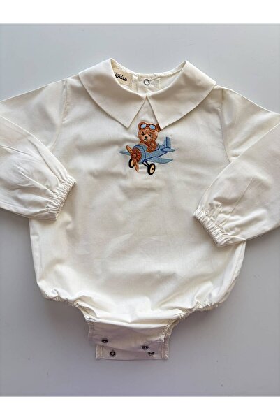il mio bambino El Yapımı %100 Pamuklu Uçaklı Ayıcık Nakış İşlemeli Erkek Bebe...