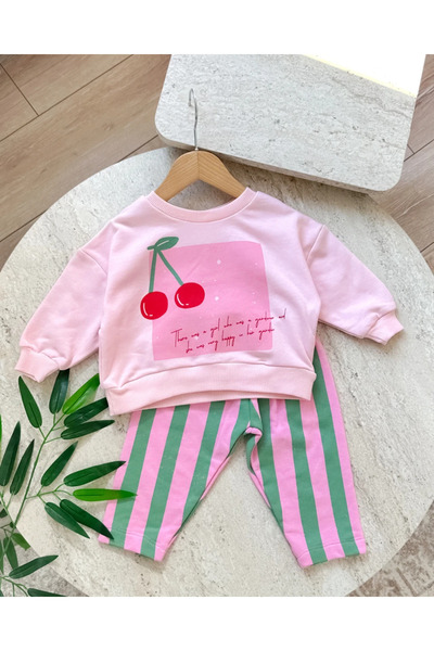 hümabebe Kiraz detay altı çizgili iki ip sweat mevsimlik 2 parça bebe takım