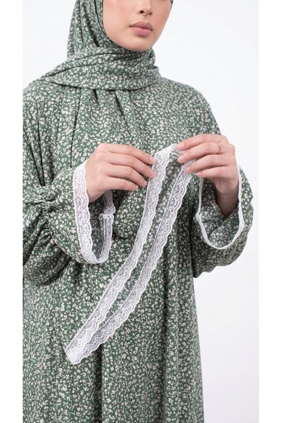 SNM BUTİK TEKSTİL VE MODA Cotton Viscose Front Zipper Lace Detailed Practical Women's Prayer Dress with Self-Scarf