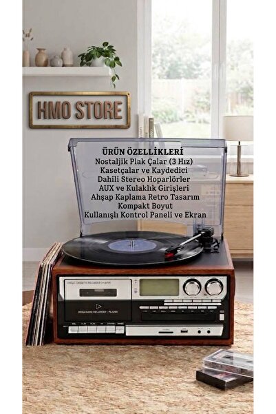 HMO Store Nostaljik Plak Çalar ve Kasetçalar - Ahşap Retro Müzik Sistemi