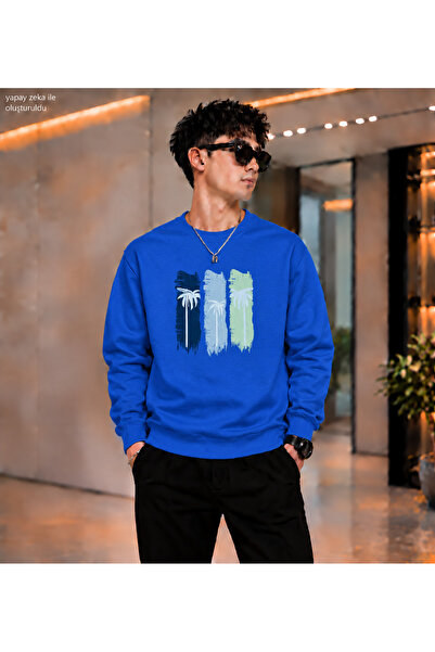 caddekombin Men's Palm Silhouette Brushstroke Printed Crew Neck Casual Regula...