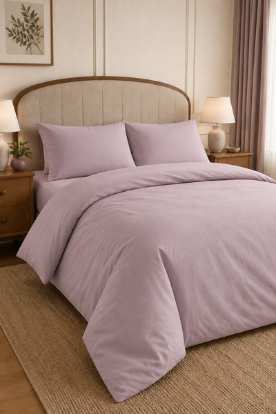 Karden Flower Plain Aura Lilac 100% Cotton Poplin Double Duvet Cover Set