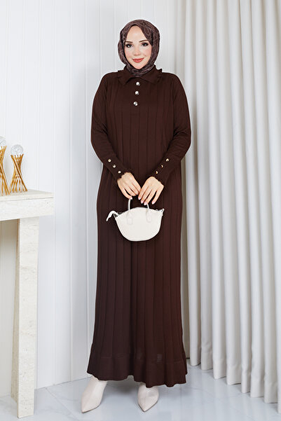 Pamuk Butik فستان نسائي من التريكو الميرسيريزد بتفاصيل حجرية على الأكمام