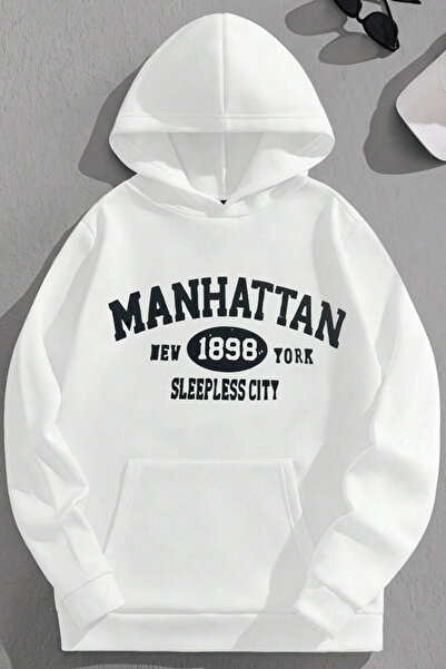 K KOZZ STYLE Unisex 3-κλωνο βαμβακερό λευκό φούτερ με στάμπα Manhattan, με κο...
