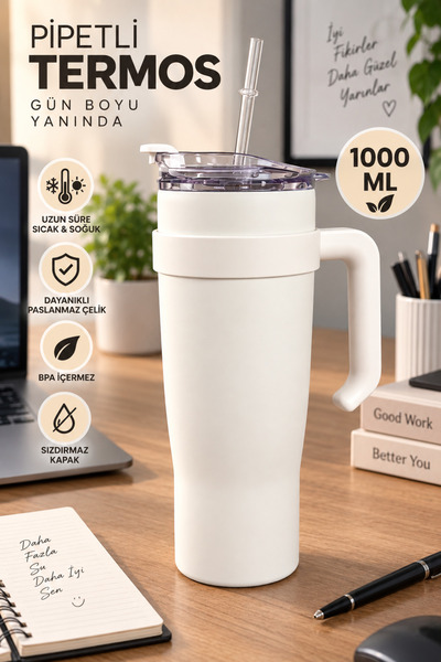 Funny Life Double Wall Travel Leak-Proof Steel Thermos 1000 ml Steel Flask wi...