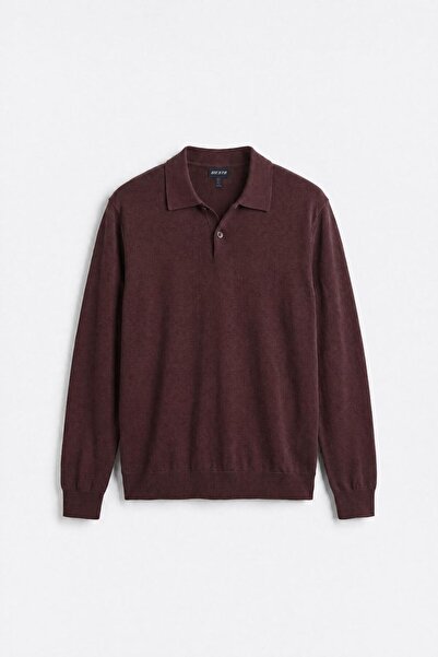 GIESTO de bază ™   Tricou tricotat maro cu mânecă lungă și guler polo