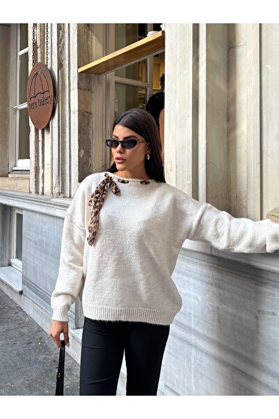 MODAMERSİ Women's Beige Scarf Collar Detailed Oversize Sweater