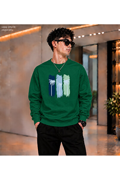 caddekombin Men's Palm Silhouette Brushstroke Printed Crew Neck Casual Regula...