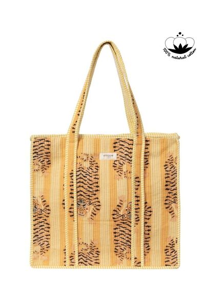 Strippe Pamuklu Kumaş Fermuarlı Kaplan Desen Günlük Omuz Çantası - Tote Bag